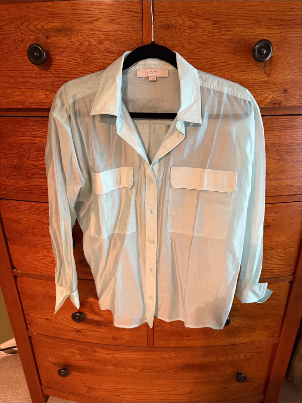 LOFT Women’s Pale Blue Casual Button-Down Shirt with Chest Pockets